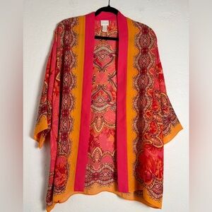 Chico's Open Front Kimono Jacket Women S/M Pink/Orange Paisley Resort Boho Style
